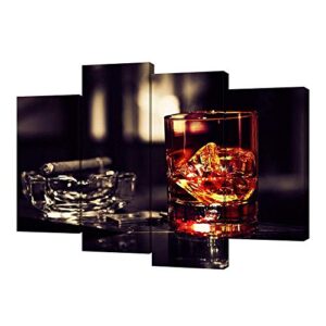 VVOVV Wall Decor - Brown Whisky In Cups With Ice Canvas Wall Art Print Wine Painting Framed Pictures Smoking Cigar Ashtray Poster Giclee Artwork Wall Decor Kitchen Bar