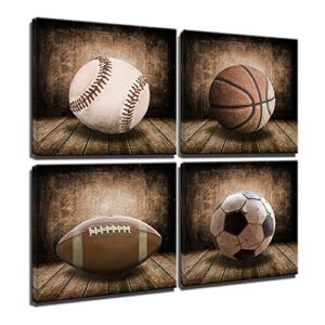 rustic soccer football baseball basketball on vintage wood grain floor fine art prints sports decor soccer nursery for kids boy room decoration,framed (vintage, 12x12inchx4pcs (30x30cmx4pcs))