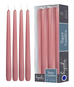 12 pack tall taper candles – 12 inch rose pink dripless, unscented dinner candle – paraffin wax with cotton wicks – 10 hour burn time