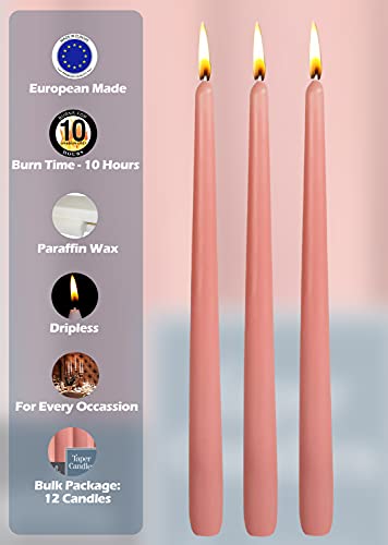 12 Pack Tall Taper Candles - 12 Inch Rose Pink Dripless, Unscented Dinner Candle - Paraffin Wax with Cotton Wicks - 10 Hour Burn Time