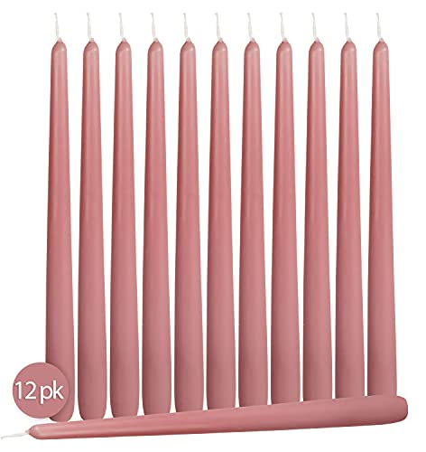 12 Pack Tall Taper Candles - 12 Inch Rose Pink Dripless, Unscented Dinner Candle - Paraffin Wax with Cotton Wicks - 10 Hour Burn Time