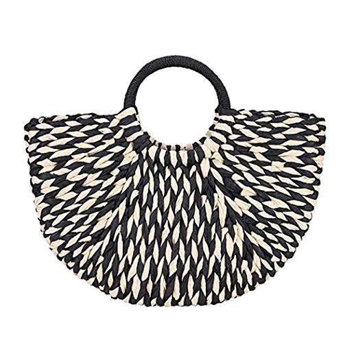 Simcat Straw Handbag, Women's Rattan Handbag Summer Beach Wattled Top Handle Bag Handwoven Tote Bag (Black)