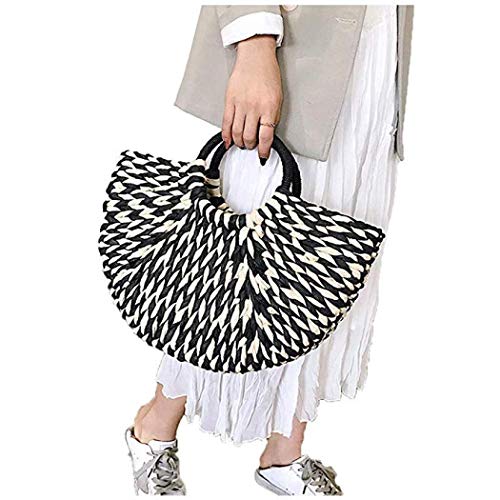 Simcat Straw Handbag, Women's Rattan Handbag Summer Beach Wattled Top Handle Bag Handwoven Tote Bag (Black)