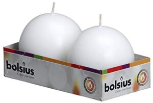 bolsius 2 count white ball candles – 2.75 inches unscented candle set – premium european quality – dripless and smokeless clean burning dinner candle – perfect for wedding, party, and special occasion