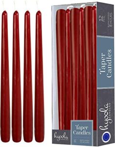 12 pack tall taper candles – 10 inch burgundy dripless, unscented dinner candle – paraffin wax with cotton wicks – 8 hour burn time