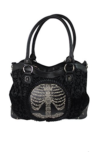 Lost Queen Black Goth Steampunk Flocked Ribcage Skeleton Cameo Handbag Shoulder Bag, Large