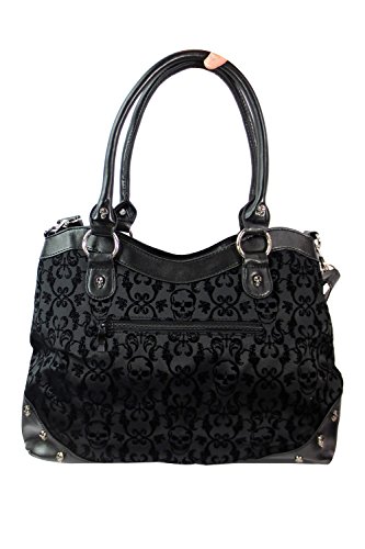 Lost Queen Black Goth Steampunk Flocked Ribcage Skeleton Cameo Handbag Shoulder Bag, Large