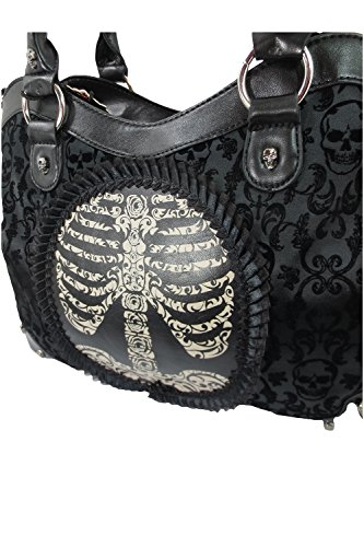 Lost Queen Black Goth Steampunk Flocked Ribcage Skeleton Cameo Handbag Shoulder Bag, Large