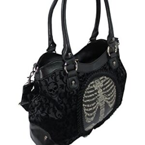 Lost Queen Black Goth Steampunk Flocked Ribcage Skeleton Cameo Handbag Shoulder Bag, Large