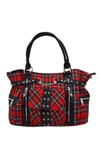 lost queen red royal stewart tartan plaid punk rock purse with handcuff skull charm, large