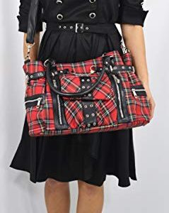 Lost Queen Red Royal Stewart tartan Plaid Punk Rock Purse with Handcuff Skull Charm, Large