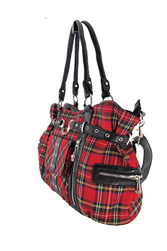 Lost Queen Red Royal Stewart tartan Plaid Punk Rock Purse with Handcuff Skull Charm, Large