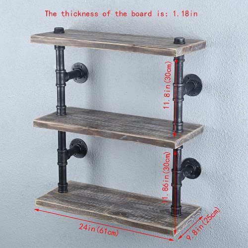 Industrial Pipe Shelf Wall Mounted,3 Tier Rustic Metal Floating Shelves,Steampunk Real Wood Book Shelves,Wall Shelving Unit Bookshelf Hanging Wall Shelves,Farmhouse Kitchen Bar Shelving(24in)