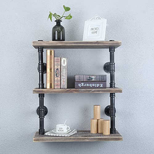 Industrial Pipe Shelf Wall Mounted,3 Tier Rustic Metal Floating Shelves,Steampunk Real Wood Book Shelves,Wall Shelving Unit Bookshelf Hanging Wall Shelves,Farmhouse Kitchen Bar Shelving(24in)