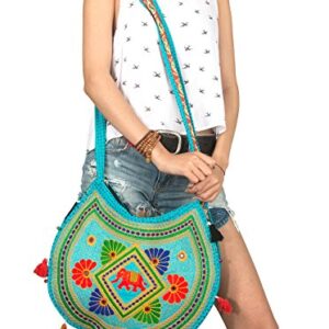 Tribe Azure Fair Trade Hippie Sling Handmade Crossbody Bag Boho Chic Patchwork Embroidered Shoulder Purse Gypsy Blue