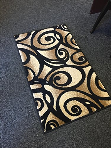 Bellagio Modern Doorway Mat Contemporary Area Rug Black Beige Abstract Swirl Design 341 (2 Feet X 3 Feet 4 Inch)