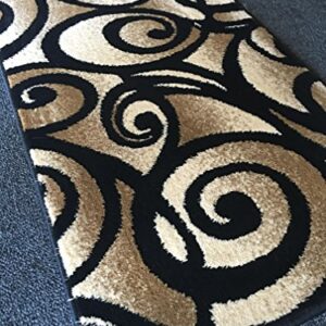 Bellagio Modern Doorway Mat Contemporary Area Rug Black Beige Abstract Swirl Design 341 (2 Feet X 3 Feet 4 Inch)