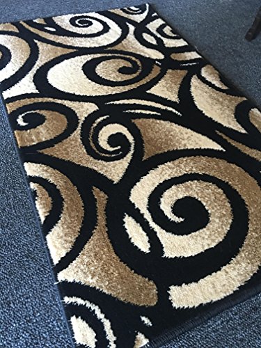 Bellagio Modern Doorway Mat Contemporary Area Rug Black Beige Abstract Swirl Design 341 (2 Feet X 3 Feet 4 Inch)