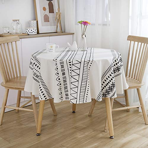 ArtBud White Black Cotton Linen Table Cloths Boho Farmhouse Heavy Fabric Table Cover Burlap Striped Geometric Washable Table Top for Parties Coffee Kitchen Picnic Round 60 inch(4-6 Seats)