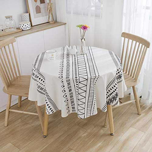 ArtBud White Black Cotton Linen Table Cloths Boho Farmhouse Heavy Fabric Table Cover Burlap Striped Geometric Washable Table Top for Parties Coffee Kitchen Picnic Round 60 inch(4-6 Seats)