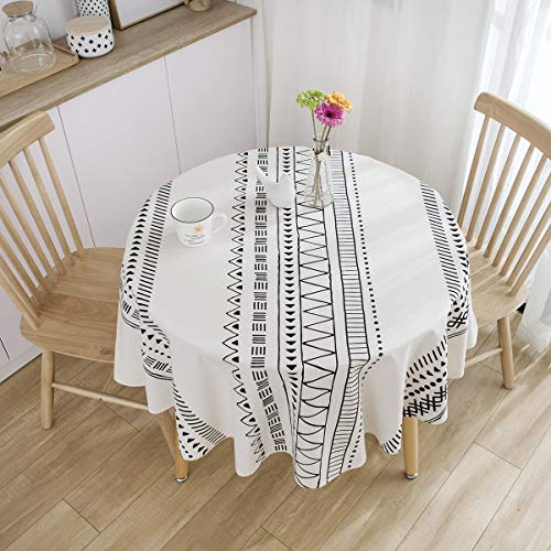 ArtBud White Black Cotton Linen Table Cloths Boho Farmhouse Heavy Fabric Table Cover Burlap Striped Geometric Washable Table Top for Parties Coffee Kitchen Picnic Round 60 inch(4-6 Seats)