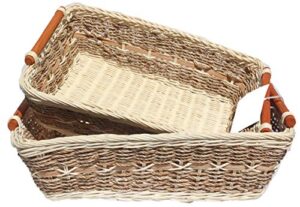 rt450180-2 handwoven retangular wicker storage basket with handle in cream and brown (set of 2)