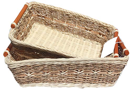 RT450180-2 Handwoven Retangular Wicker Storage basket with Handle in cream and brown (Set of 2)