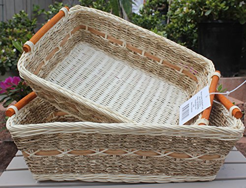 RT450180-2 Handwoven Retangular Wicker Storage basket with Handle in cream and brown (Set of 2)