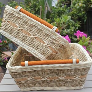 RT450180-2 Handwoven Retangular Wicker Storage basket with Handle in cream and brown (Set of 2)