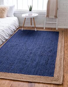 unique loom braided jute collection classic quality made natural hand woven with solid color detail, area rug, rectangular 2′ 0″ x 3′ 0″, navy blue/tan