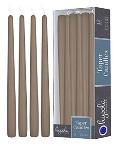 12 pack tall taper candles – 10 inch taupe gray dripless, unscented dinner candle – paraffin wax with cotton wicks – 8 hour burn time
