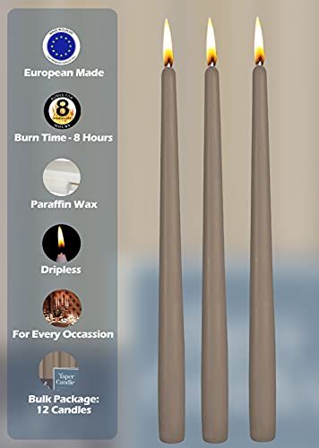 12 Pack Tall Taper Candles - 10 Inch Taupe Gray Dripless, Unscented Dinner Candle - Paraffin Wax with Cotton Wicks - 8 Hour Burn Time