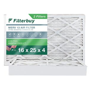 Filterbuy 16x25x4 Air Filter MERV 13 Optimal Defense (2-Pack), Pleated HVAC AC Furnace Air Filters Replacement (Actual Size: 15.38 x 24.38 x 3.63 Inches)