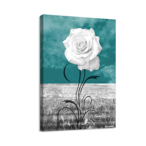 LKY ART Wall Art Elegant White Flower Canvas Print White Rose Wall Art Abstract Art 1 Panel Picture For Bathroom Wall Decor Painting Wood Frame Stretched Easy To Hang (rosewhite-12*16*1)