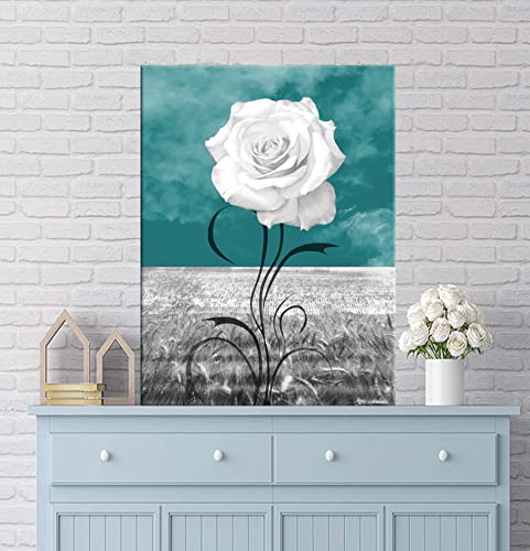 LKY ART Wall Art Elegant White Flower Canvas Print White Rose Wall Art Abstract Art 1 Panel Picture For Bathroom Wall Decor Painting Wood Frame Stretched Easy To Hang (rosewhite-12*16*1)