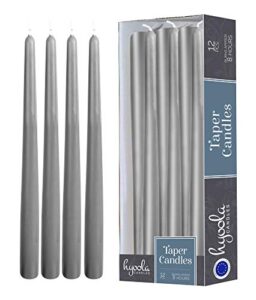 12 pack tall taper candles – 10 inch dark grey dripless, unscented dinner candle – paraffin wax with cotton wicks – 8 hour burn time