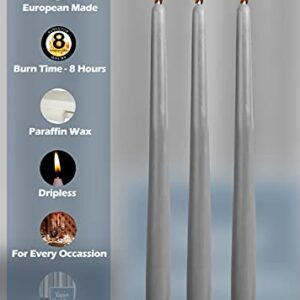 12 Pack Tall Taper Candles - 10 Inch Dark Grey Dripless, Unscented Dinner Candle - Paraffin Wax with Cotton Wicks - 8 Hour Burn Time