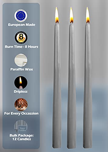 12 Pack Tall Taper Candles - 10 Inch Dark Grey Dripless, Unscented Dinner Candle - Paraffin Wax with Cotton Wicks - 8 Hour Burn Time