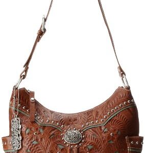 American West Lady Lace Zip Top Everyday Shoulder Bag,Mocha Tan/Turquoise,One Size