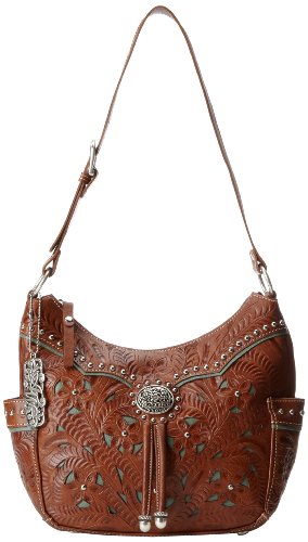 American West Lady Lace Zip Top Everyday Shoulder Bag,Mocha Tan/Turquoise,One Size