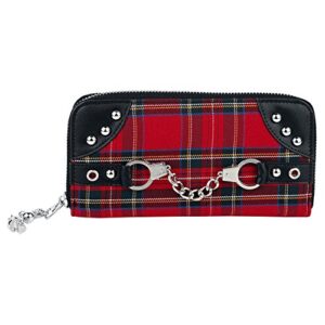 lost queen red tartan plaid punk handcuff skull charm zip around wallet