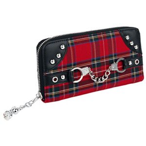 Lost Queen Red Tartan Plaid Punk Handcuff Skull Charm Zip Around Wallet