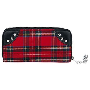 Lost Queen Red Tartan Plaid Punk Handcuff Skull Charm Zip Around Wallet