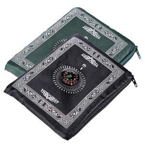 hitopin 2 pieces 60cm*100cm travel prayer mat with compass, portable polyester prayer rug, islamic waterproof prayer mat, for ramadan gifts, islamic prayer (green, black)