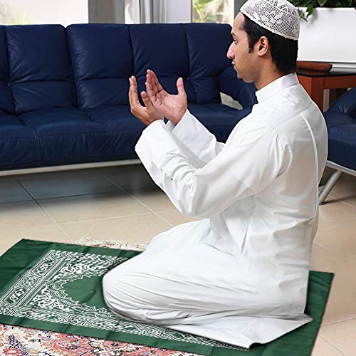 Hitopin 2 Pieces 60cm*100cm Travel Prayer Mat with Compass, Portable Polyester Prayer Rug, Islamic Waterproof Prayer Mat, for Ramadan Gifts, Islamic Prayer (Green, Black)