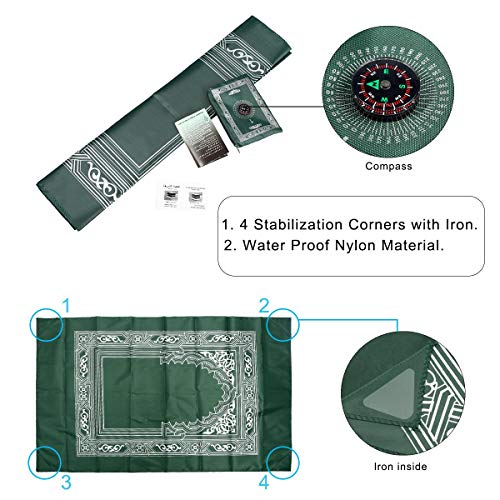 Hitopin 2 Pieces 60cm*100cm Travel Prayer Mat with Compass, Portable Polyester Prayer Rug, Islamic Waterproof Prayer Mat, for Ramadan Gifts, Islamic Prayer (Green, Black)