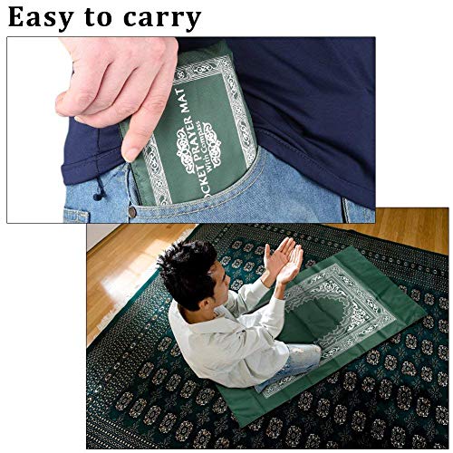 Hitopin 2 Pieces 60cm*100cm Travel Prayer Mat with Compass, Portable Polyester Prayer Rug, Islamic Waterproof Prayer Mat, for Ramadan Gifts, Islamic Prayer (Green, Black)