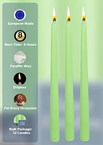 Hyoola 12 Pack Tall Taper Candles - 10 Inch Celery Green Dripless, Unscented Dinner Candle - Paraffin Wax with Cotton Wicks - 8 Hour Burn Time