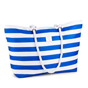 Large Waterproof Striped Tote Beach Bag - Top Zipper Closure - Waterproof Lining - Tote Shoulder Bag For Gym Beach Travel (Striped Blue)