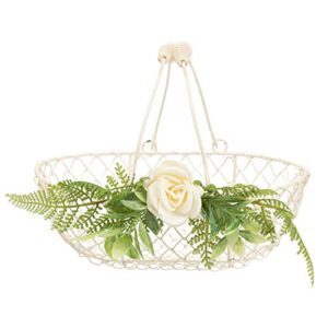 ivory flower girl basket – soft white wedding basket with folding handles – perfectly sized wire flower girl petal basket – decorated flower girl gift by ragga wedding